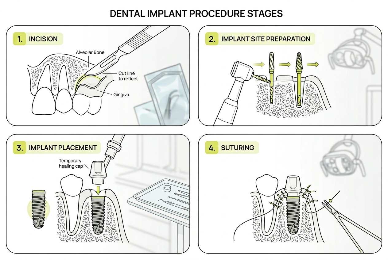 Схема этапов установки зубного импланта
