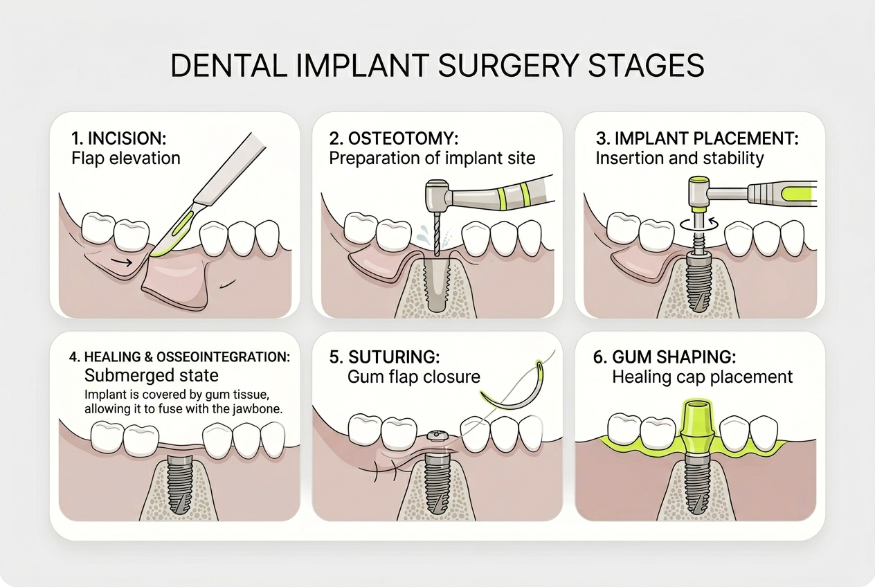 Схема этапов установки зубного импланта