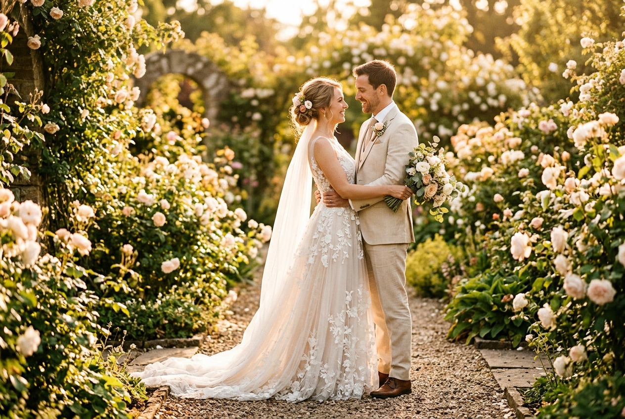 Romantic editorial wedding photography — bride and groom golden hour portrait