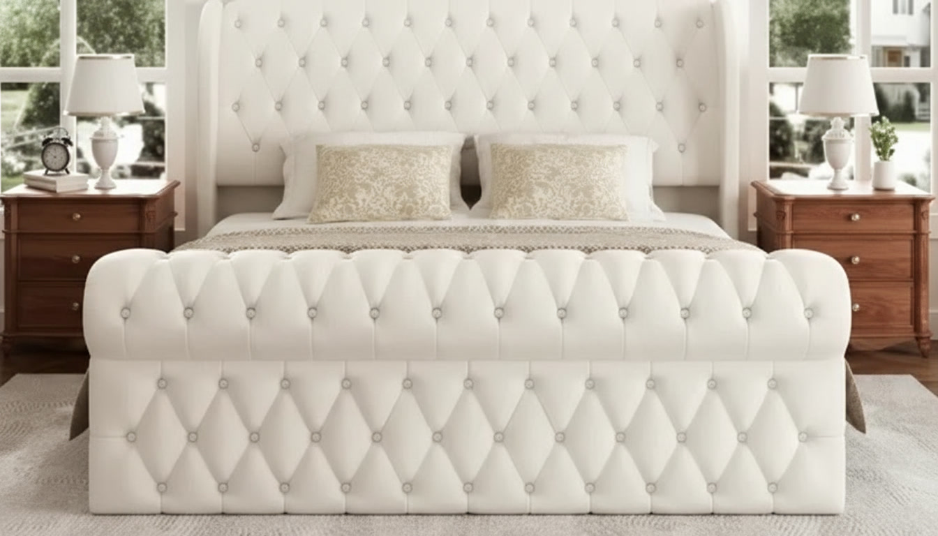 Luxurious King Size Platform Bed Frame with Upholstered Headboard setup detail