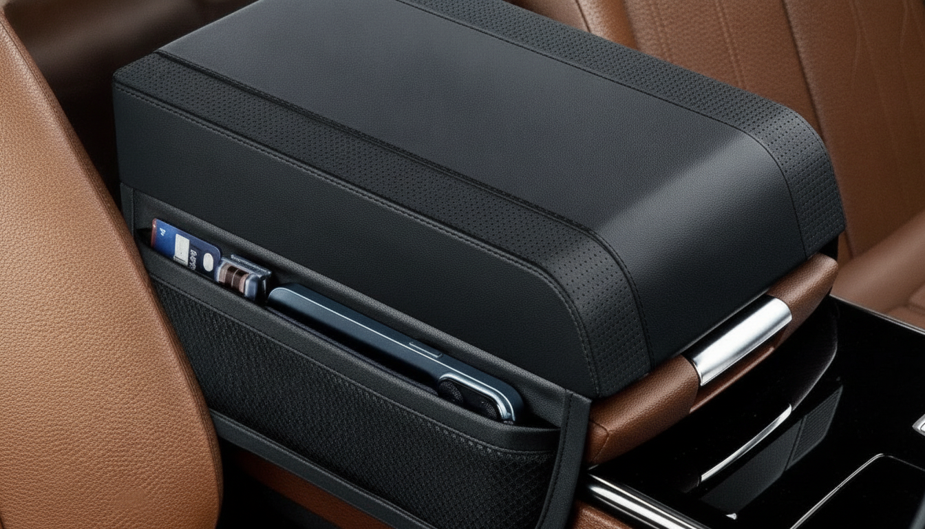 Universal Car Armrest Cushion with Memory Foam & Storage Pocket setup detail