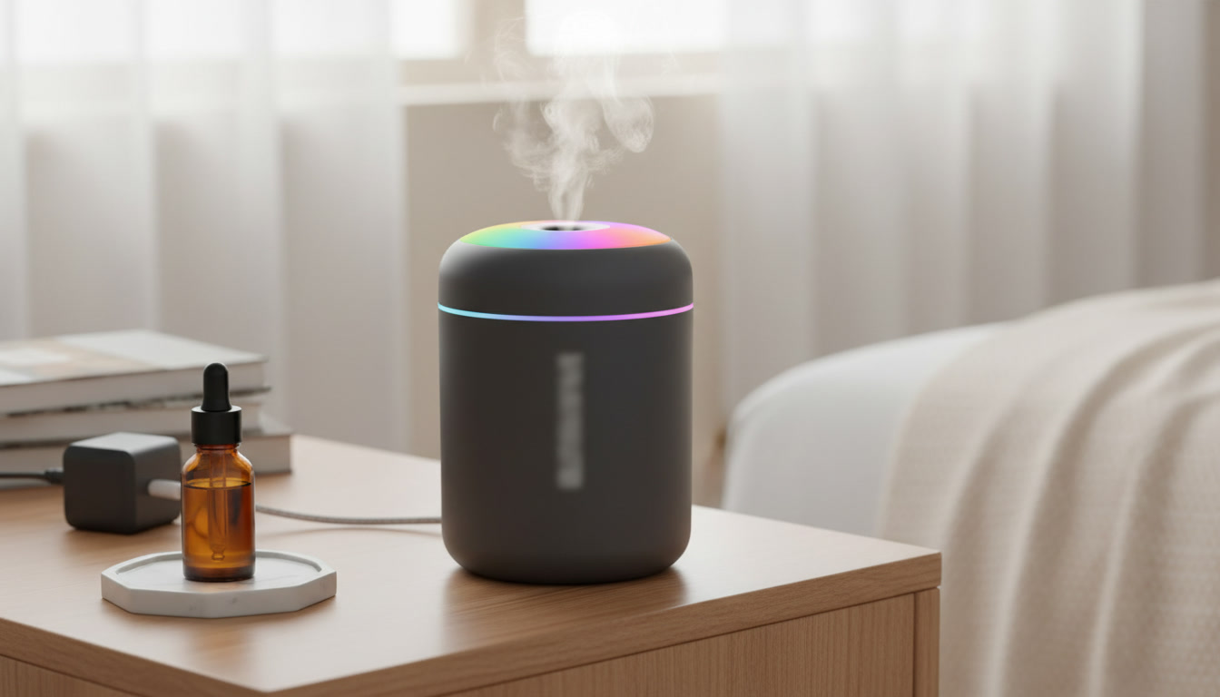 Mini USB Aroma Humidifier & Essential Oil Diffuser with Soft LED Light setup detail