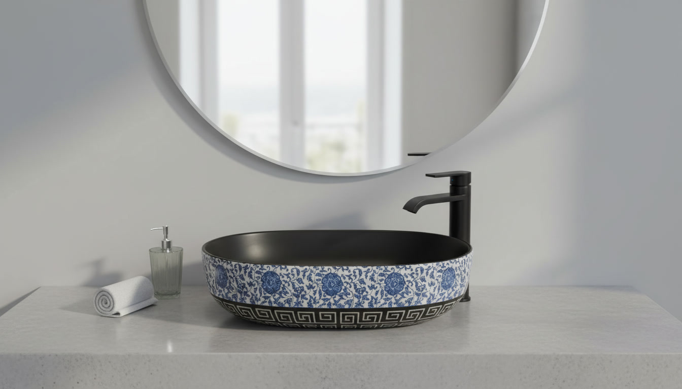 Elegant Blue Floral Ceramic Vessel Sink for Bathroom and Countertop in an appropriate real-world setting