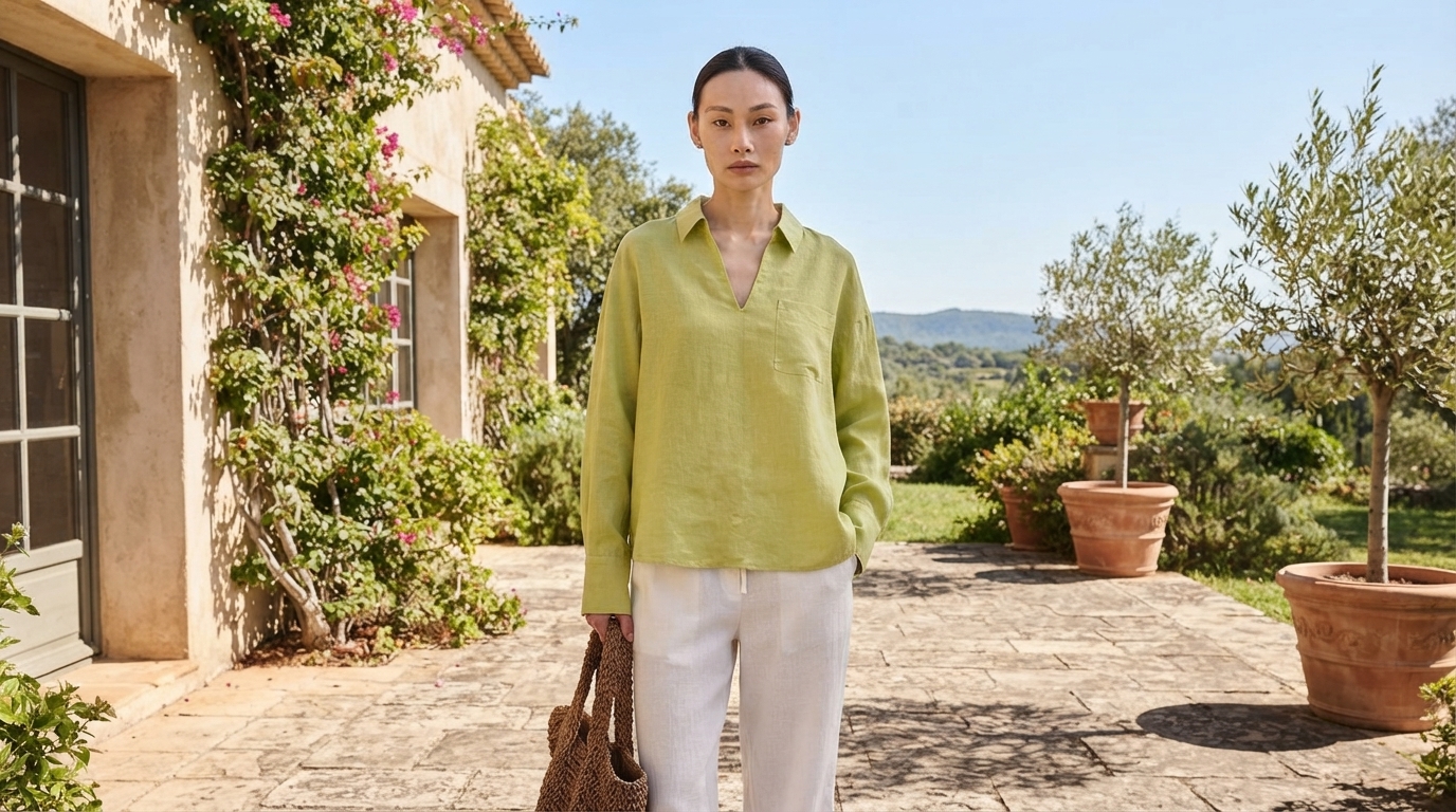 Linen V-neck Long Sleeved Shirt for Women in an appropriate real-world setting