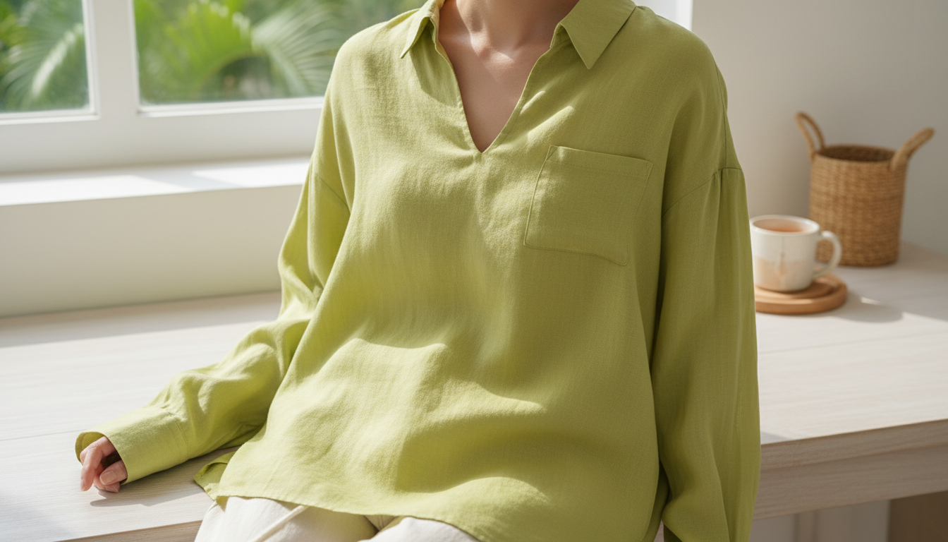Linen V-neck Long Sleeved Shirt for Women setup detail