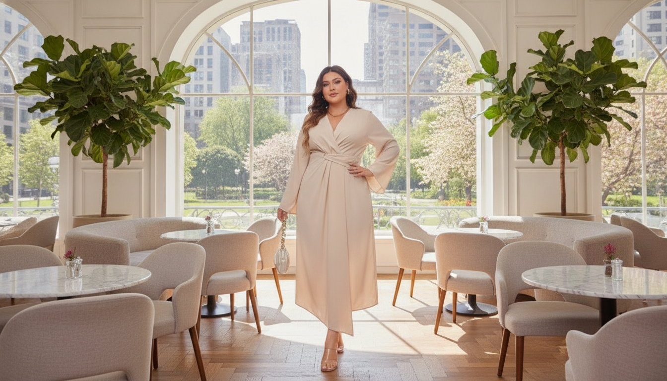 Elegant Long-Sleeve Waist-Cinching Maxi Dress with Irregular Hem – Plus Size in an appropriate real-world setting