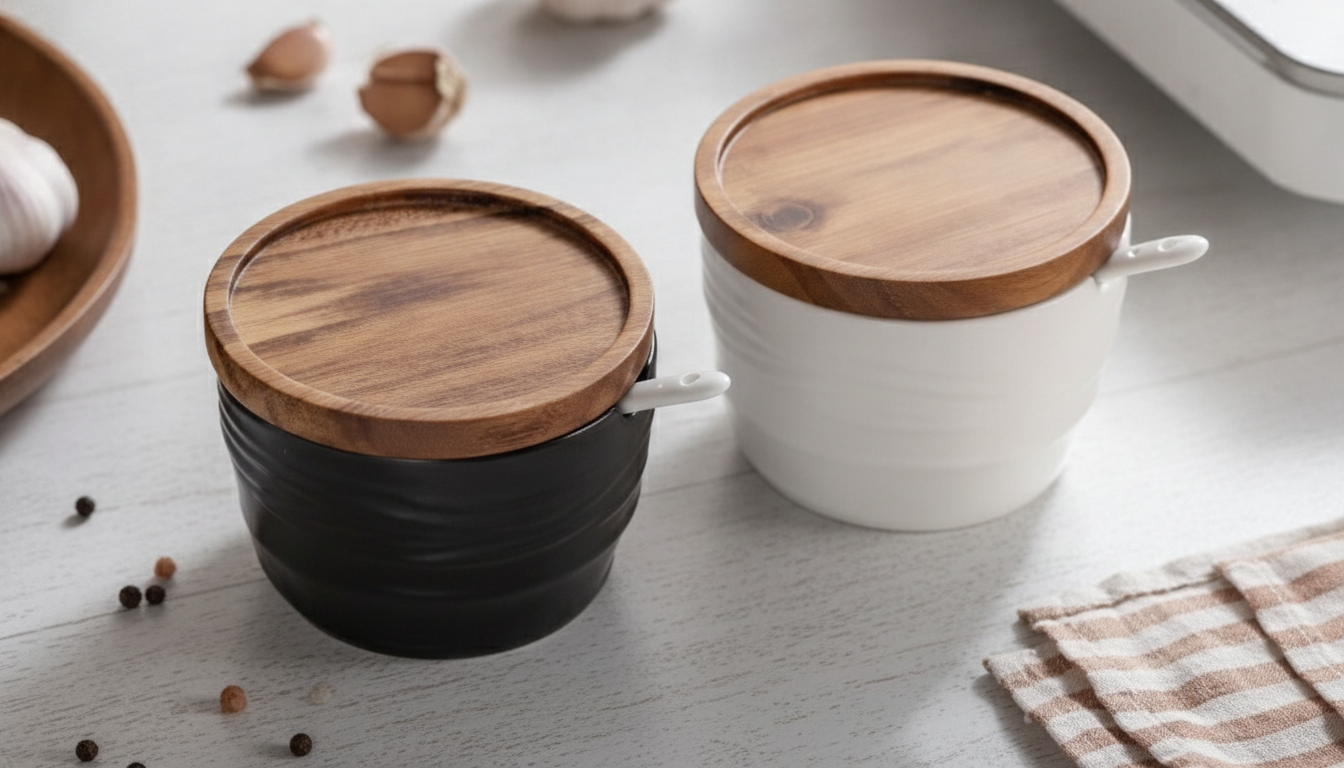 Japanese Style Ceramic Salt Jar with Bamboo and Wood Lid – 2pcs Set setup detail
