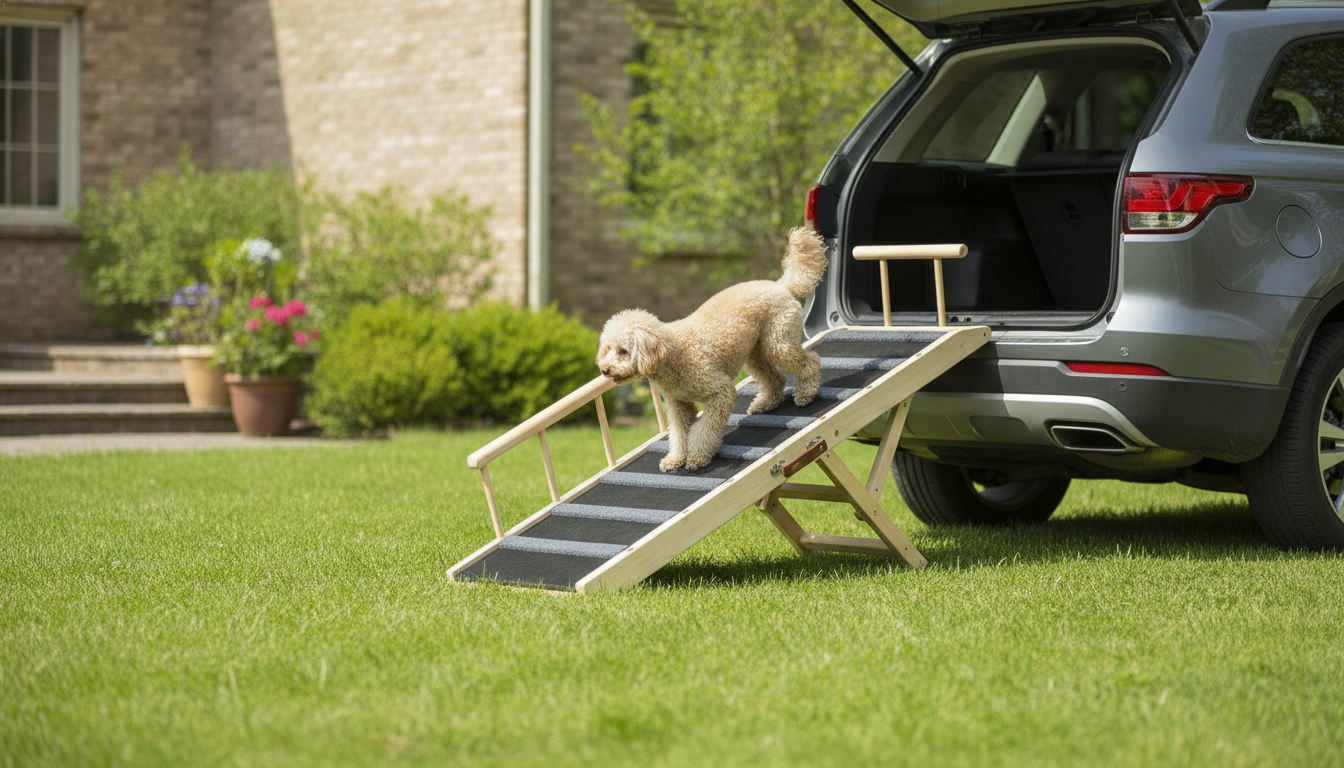 Folding Adjustable Pet Ramp for Small and Large Dogs – 47.2″ Wooden Ramp in an appropriate real-world setting
