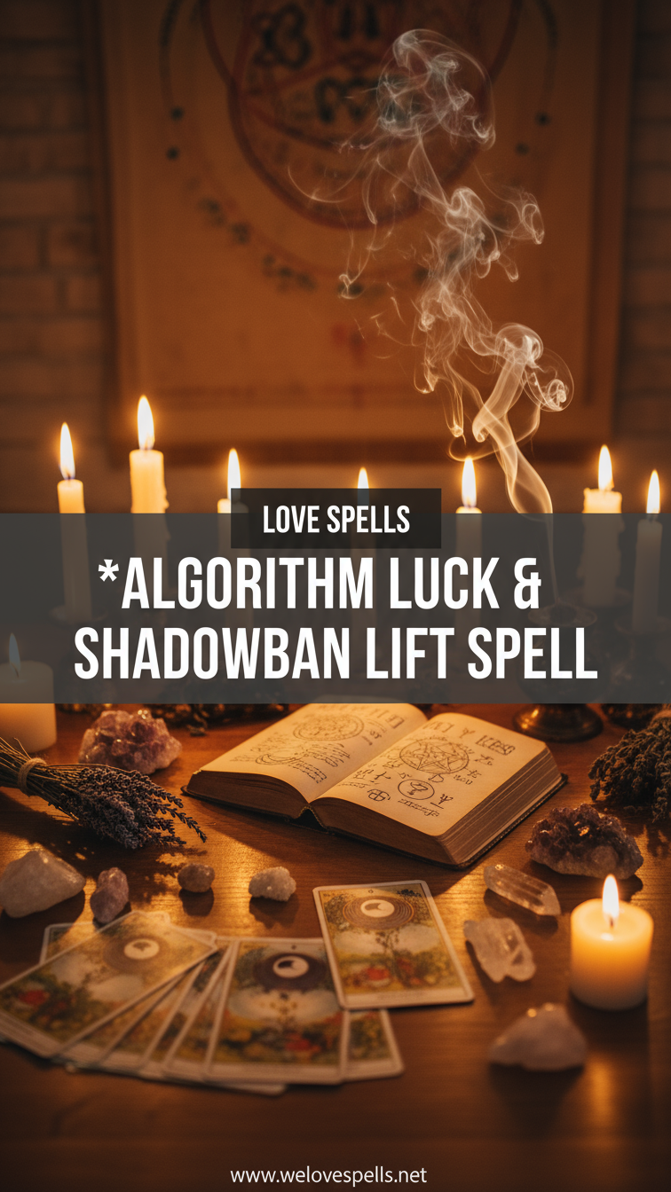 Algorithm Luck & Shadowban Lift Spell ritual with candles, circuit-style sigil, and violet-blue glow symbolizing restored digital visibility and algorithm harmony