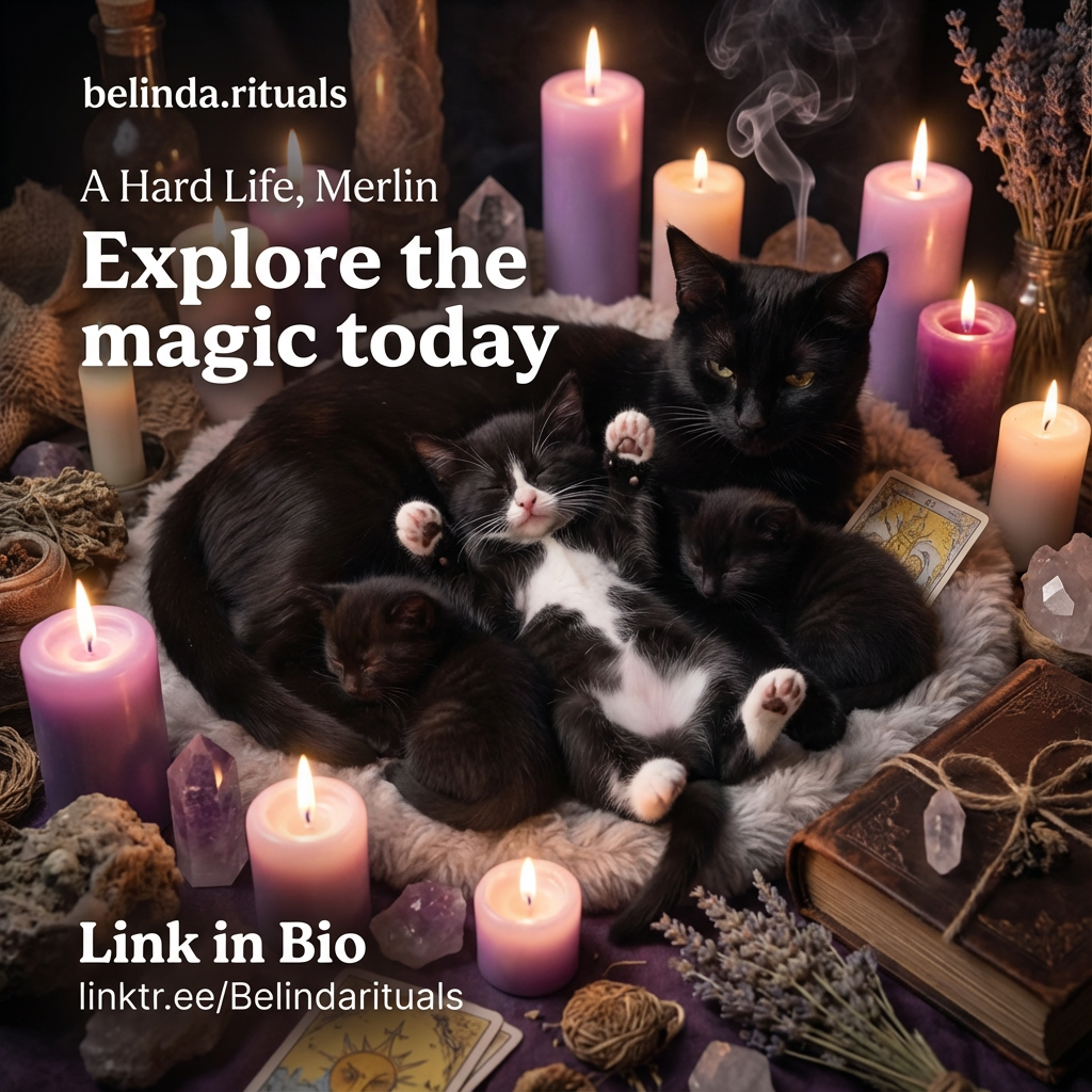 Merlin the black cat sitting elegantly on a witch’s altar with candles and herbs around him – a symbol of magic and mystery.