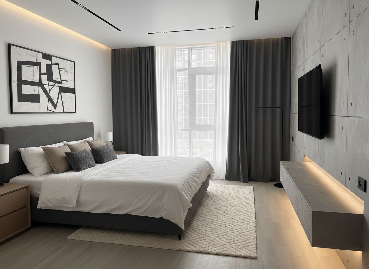 Дизайн спальни в стиле Контемпорари — фото интерьера от нейросети RoomGPT