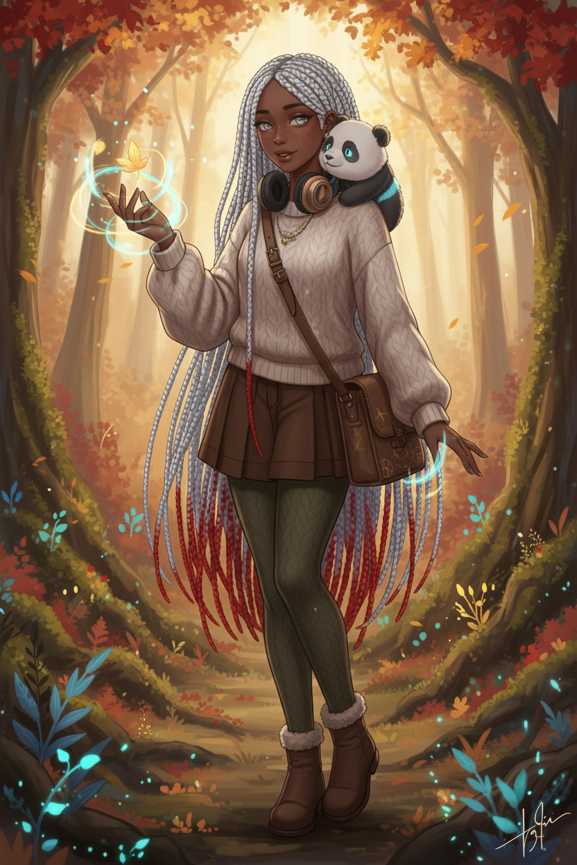 shy celestial animal hybrid girl with ears, panda companion, autumn outfit, dark skin tone, white knotless box braids with pink ends, freckles, magical aura, anime style, silver eyes, headphones around the neck, satchel,”