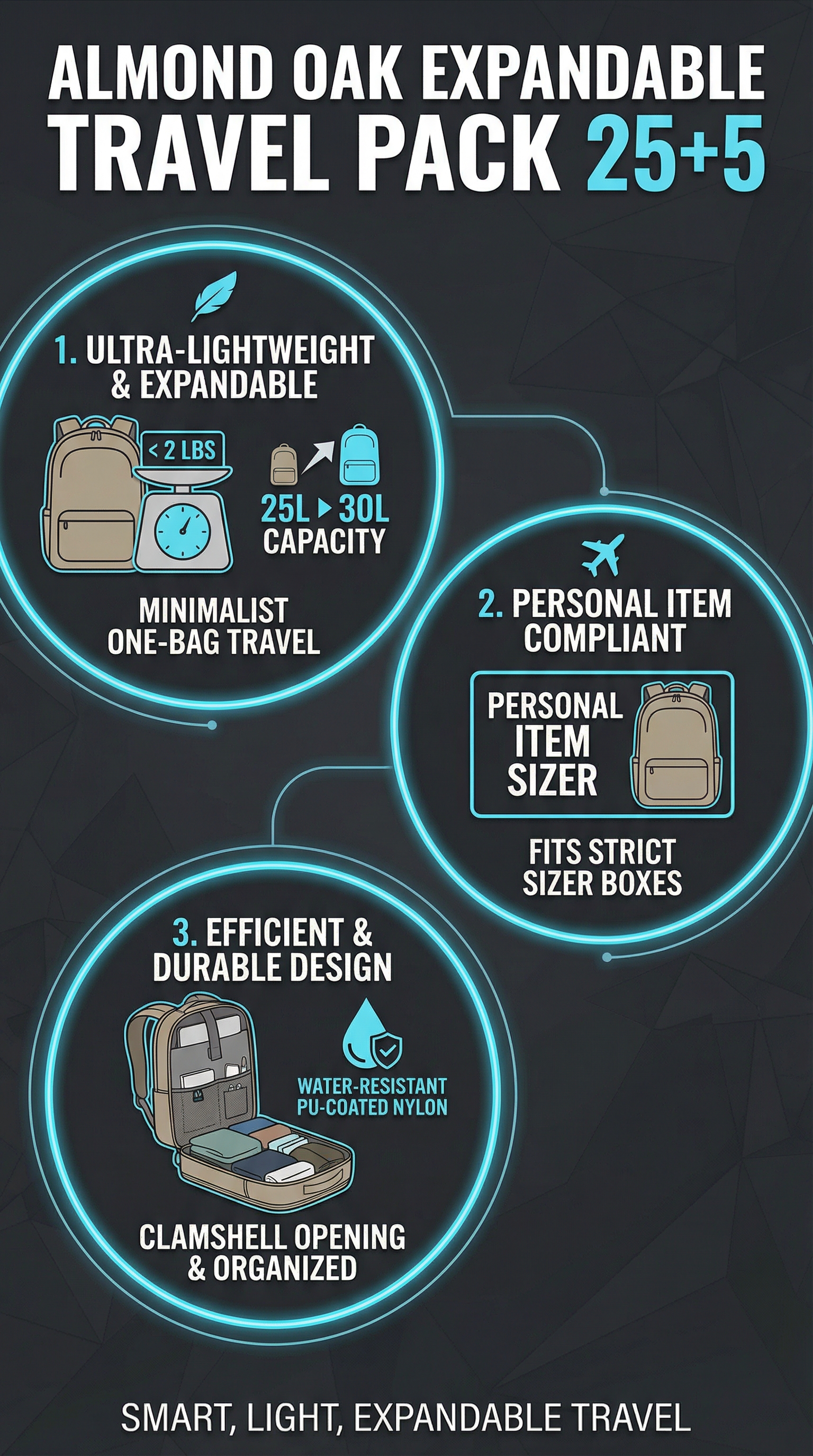 Almond OAK Expandable Travel Pack 25+5 - Infographic