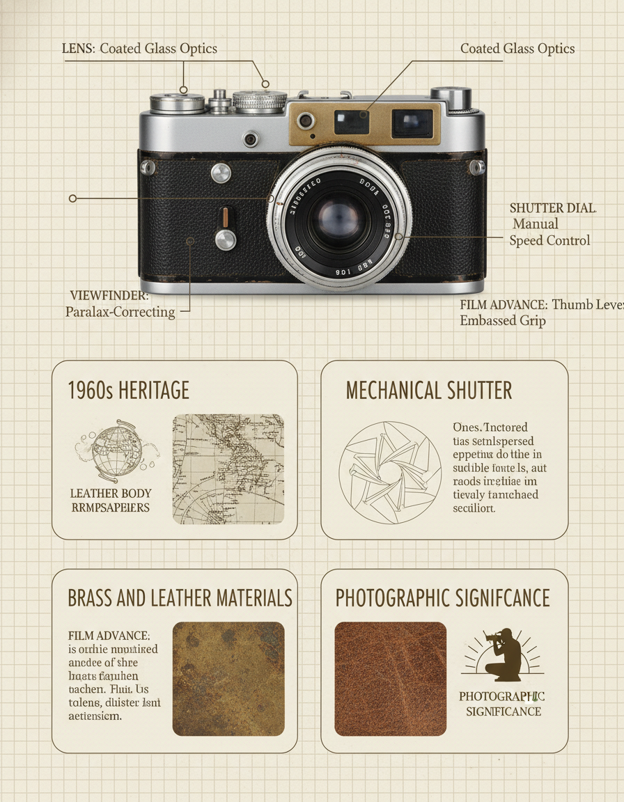AI infographic generator output — museum-style breakdown infographic of a vintage film camera with annotated callouts for lens, viewfinder, shutter dial, film advance, leather body on cream parchment