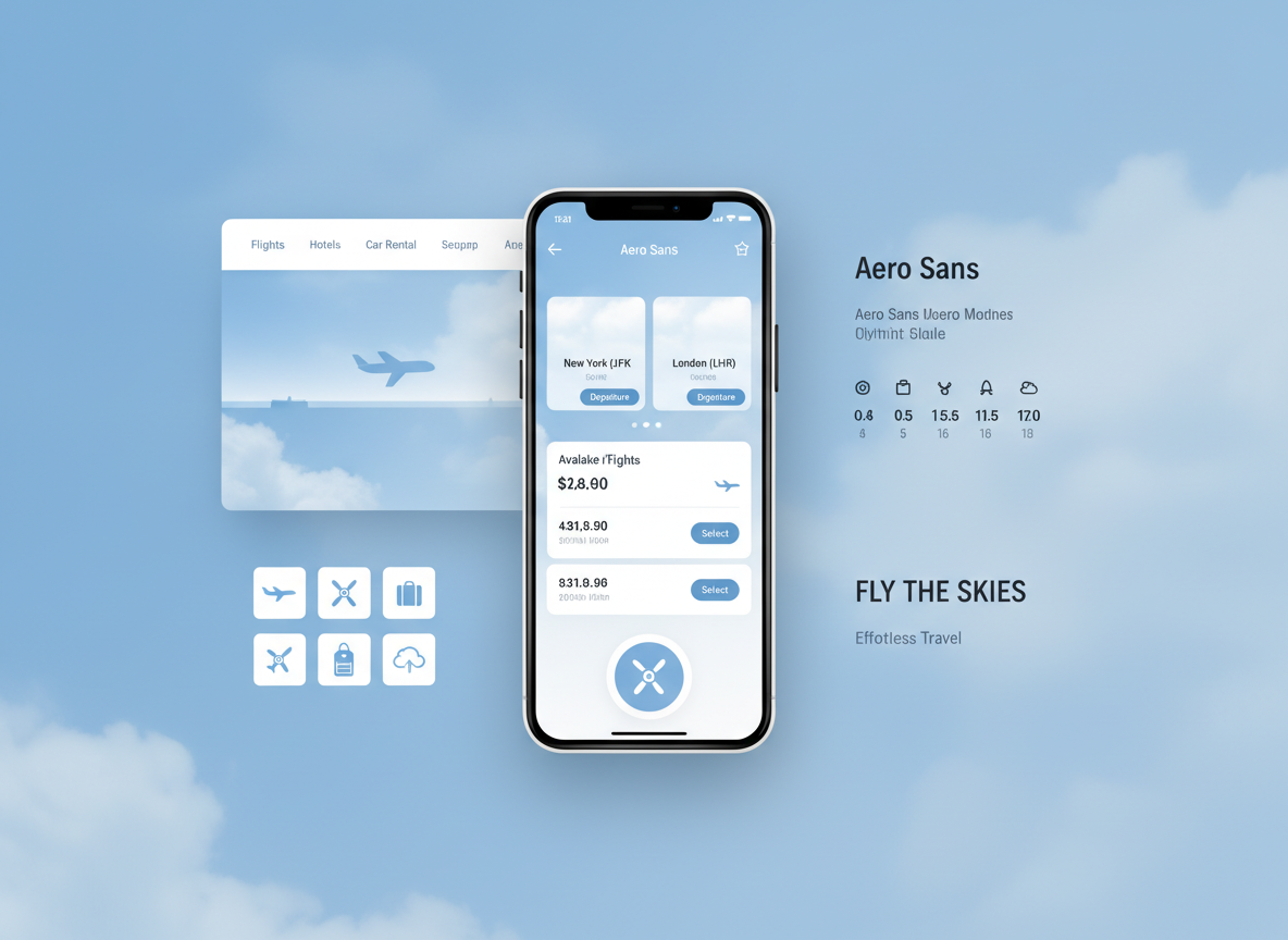 AI UI design system output — flight aviation themed UI with cloud-textured cards, sky blue palette, propeller icons, airplane wing button shapes, and full mobile and web mockups
