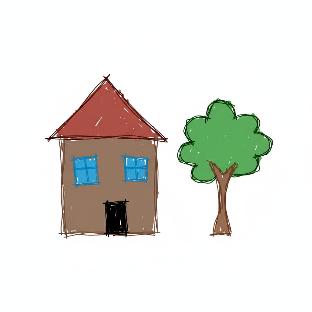AI MS Paint pathetic redraw of a house with a tree — childlike mouse-drawn scribble with crooked roof, wonky windows, and stick-figure tree in MS Paint aesthetic