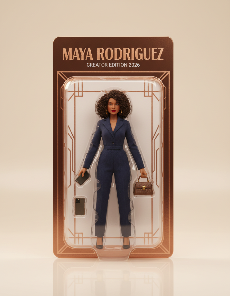 AI action figure of a stylish woman with curly hair and red lipstick sealed in a deluxe rose-gold blister pack creator edition with smartphone and designer handbag accessories — premium Funko POP-style AI toy