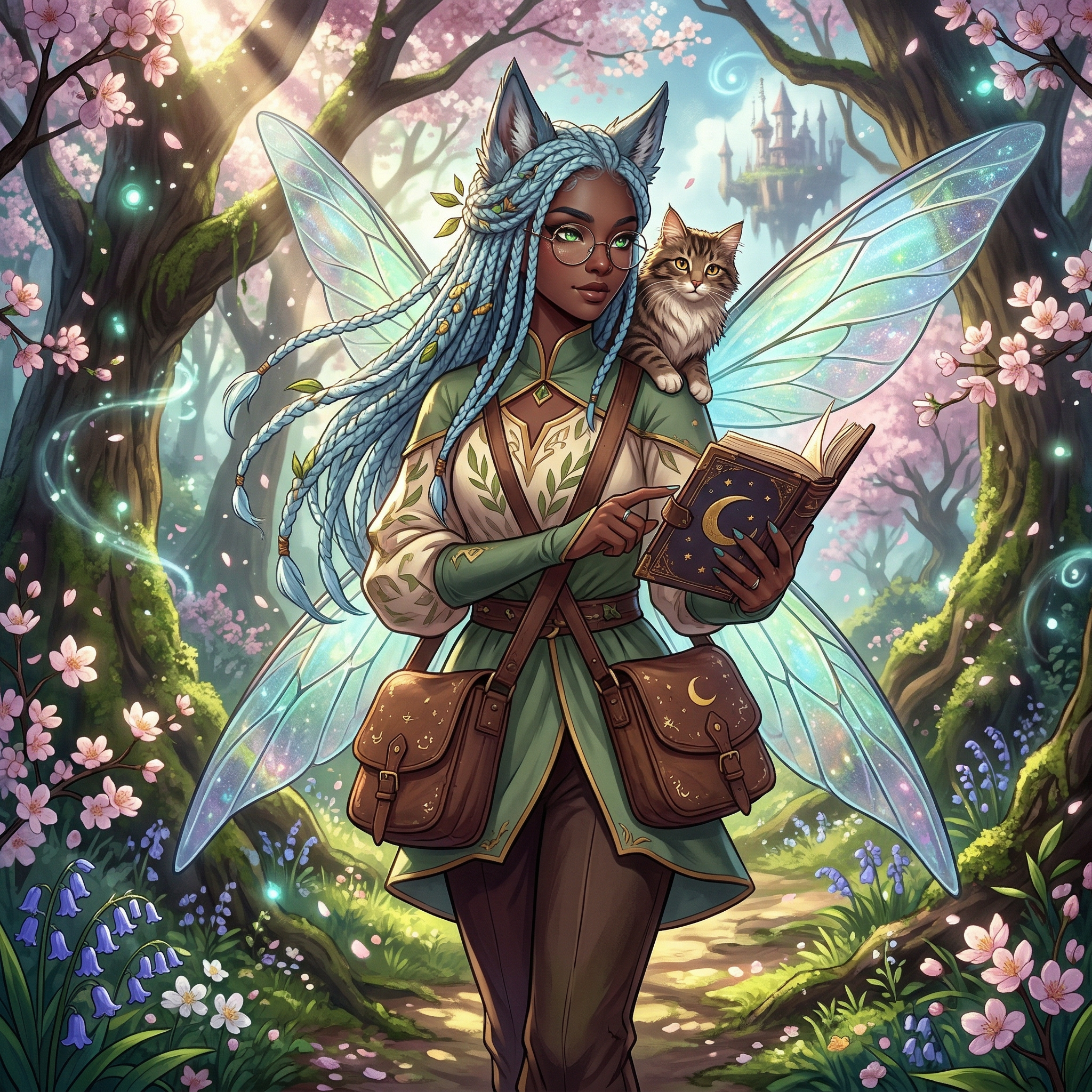 Fairy wolf hybrid, with light blue knotless braids, dark skin tone, glasses, book in hand, confident and mysterious, spring clothes palette, tall and skinny, cat companion, celestial, with wings, green eyes, satchel