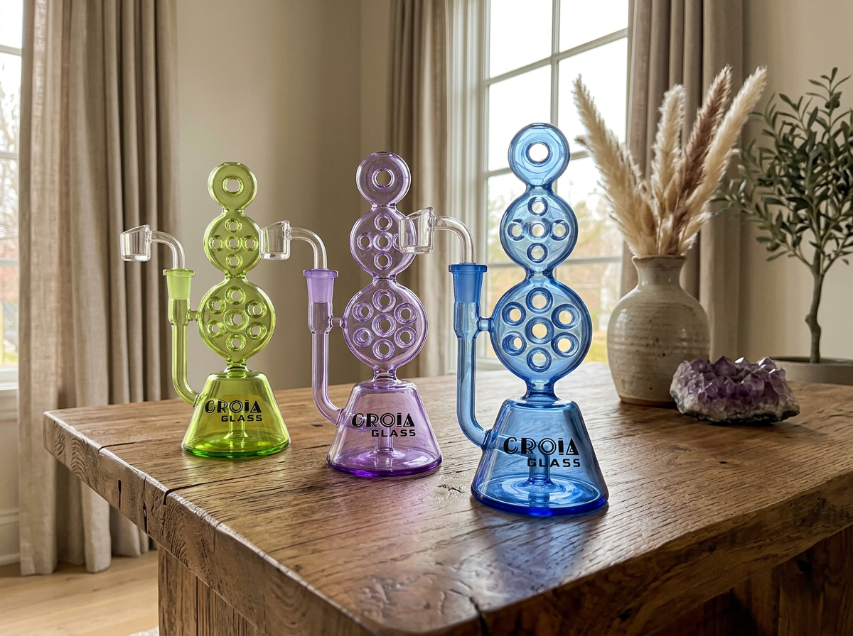 8 inch triple stack Swiss perc recycler dab rig by Croia Glass