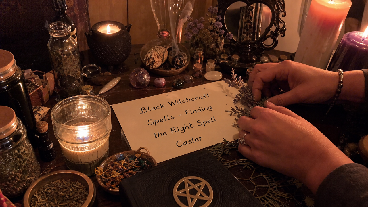 Black witchcraft spells and a spell caster consulting magical tools for guidance and ritual preparation