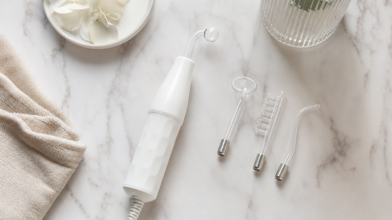 At-home high frequency wand with interchangeable glass electrodes on vanity
