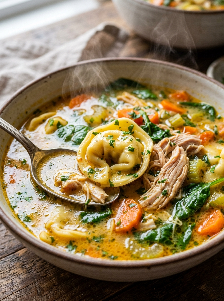 Chicken Tortellini Soup Recipe Ready in 30 Min closeup detail