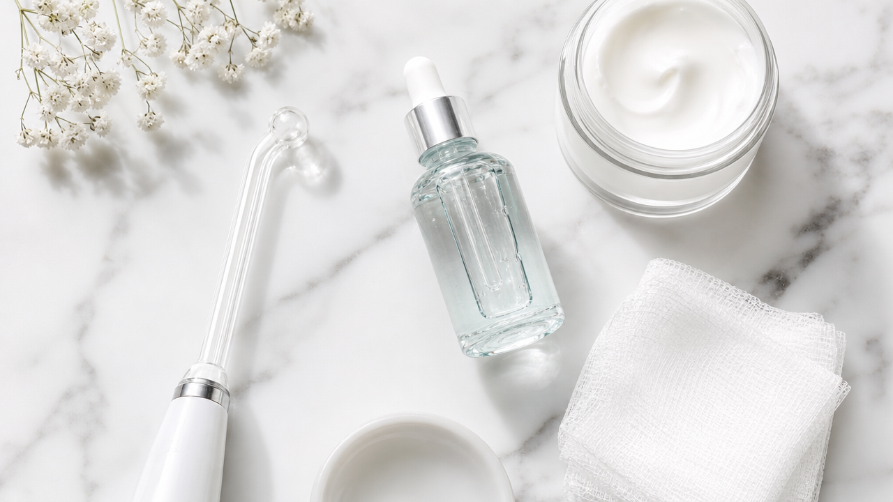 Step-by-step at-home tube facial routine flat lay