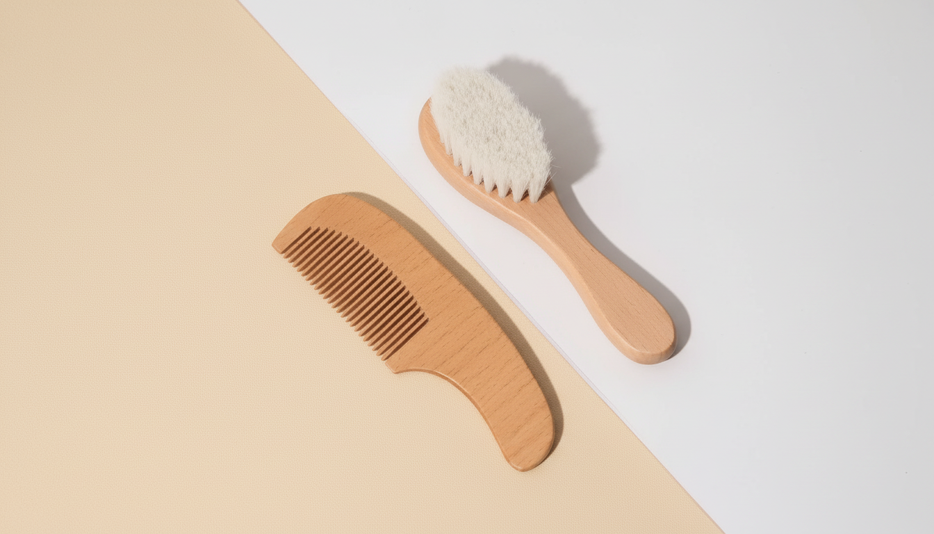 Baby Hairbrush and Comb Set – Natural Ash Wood & Gentle Wool-Like Brush setup detail