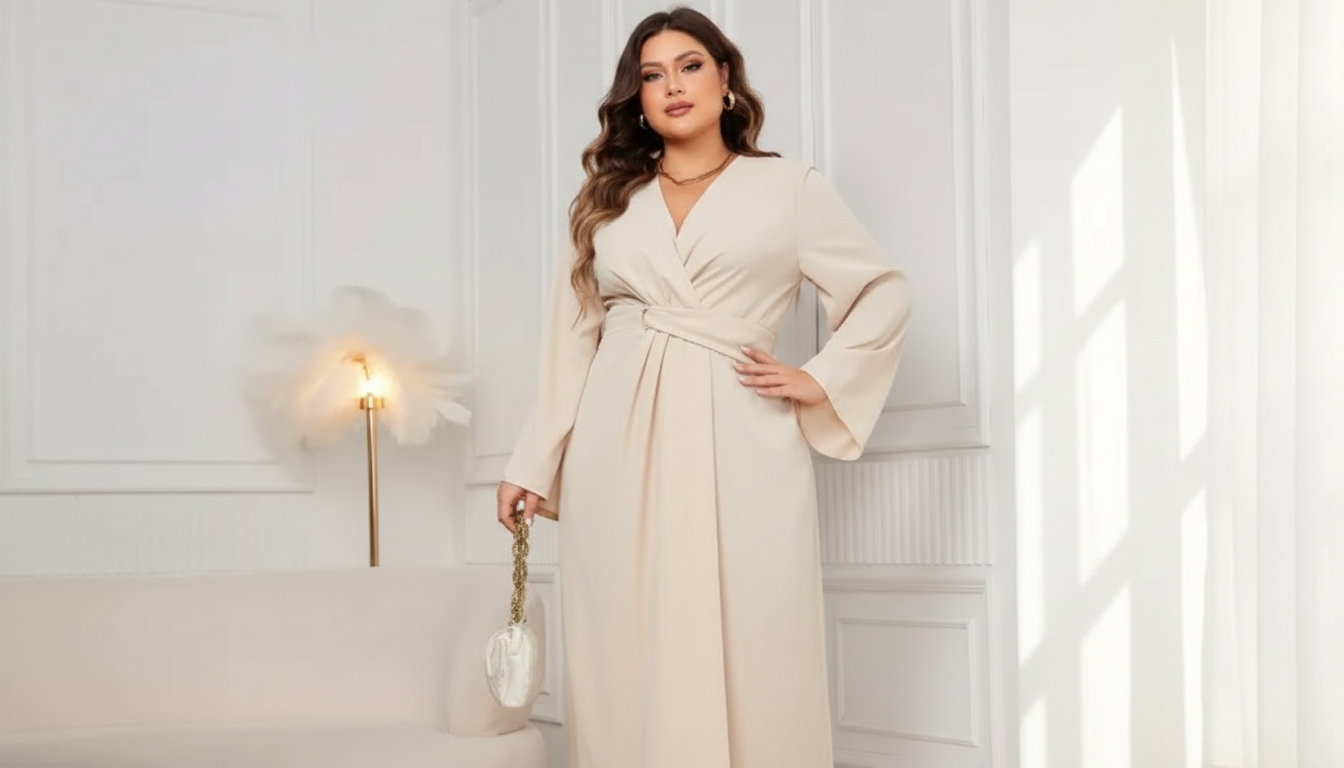 Elegant Long-Sleeve Waist-Cinching Maxi Dress with Irregular Hem – Plus Size setup detail