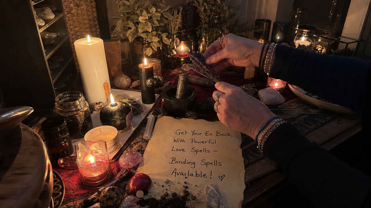 Couple holding hands with candles and spell ingredients, illustrating powerful love spells to get your ex back with binding spells available