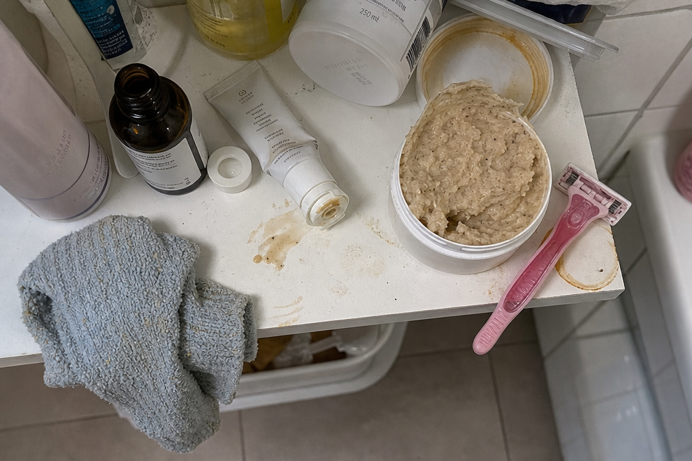 A cluttered bathroom shelf with half-used products and a pink razor