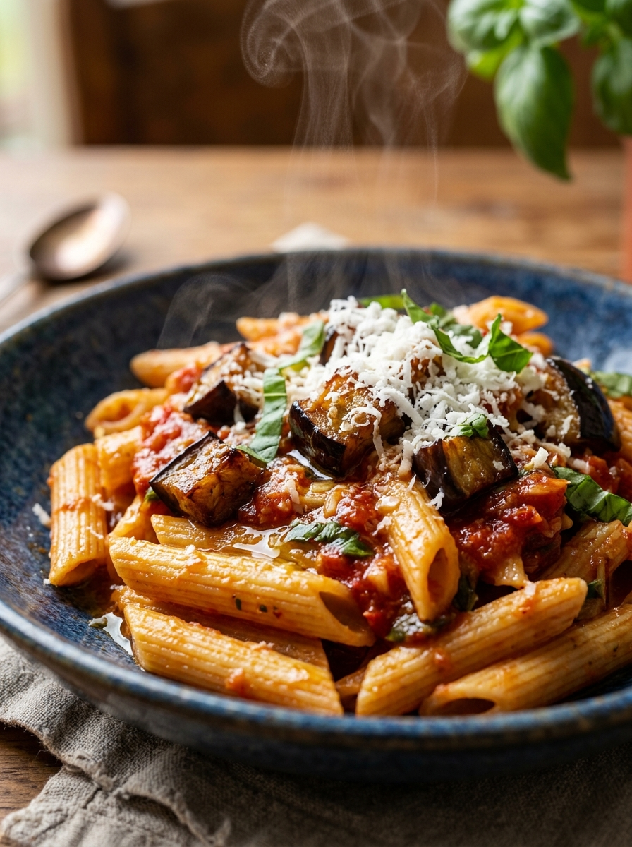 Penne alla Norma Recipe - Authentic Sicilian Classic closeup detail