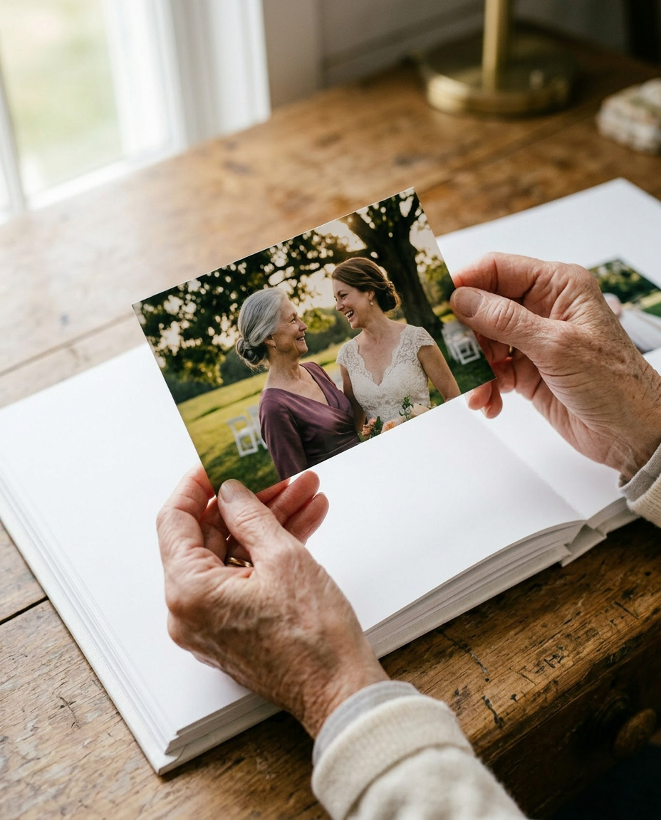 A close-up of an older woman's hands holding a printed wedding photograph showing her seated with her family, soft natural daylight, the album open on a wooden table.