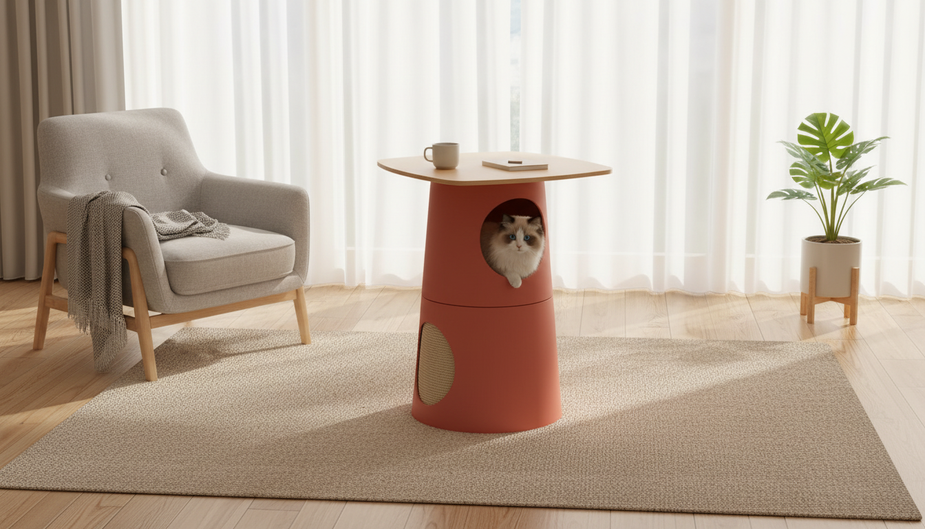 Modern Cat Climbing Tree with Multifunctional Table and Scratching Post in an appropriate real-world setting