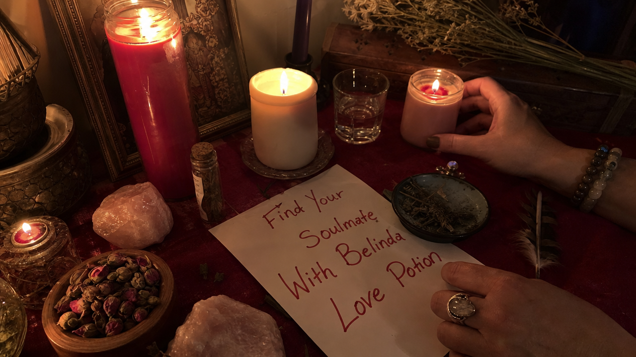 Belinda Love Potion bottle with mystical glow, candlelight, and roses, symbolizing a path to finding your soulmate
