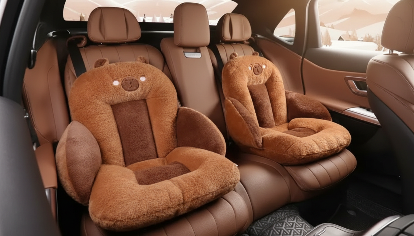 Cute Cartoon Plush Car Seat Cushion in an appropriate real-world setting