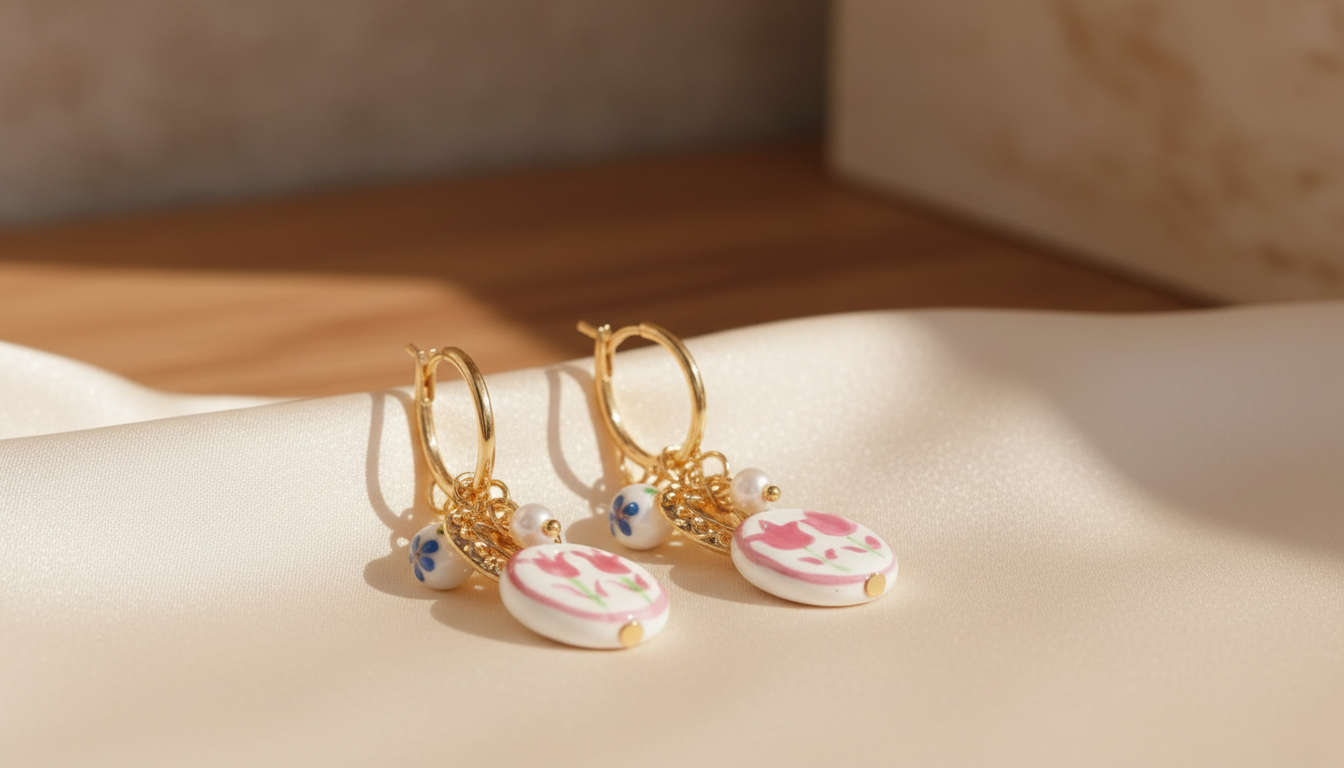 Hand Painted White Ceramic Heart Drop Earrings with Imitation Pearl setup detail