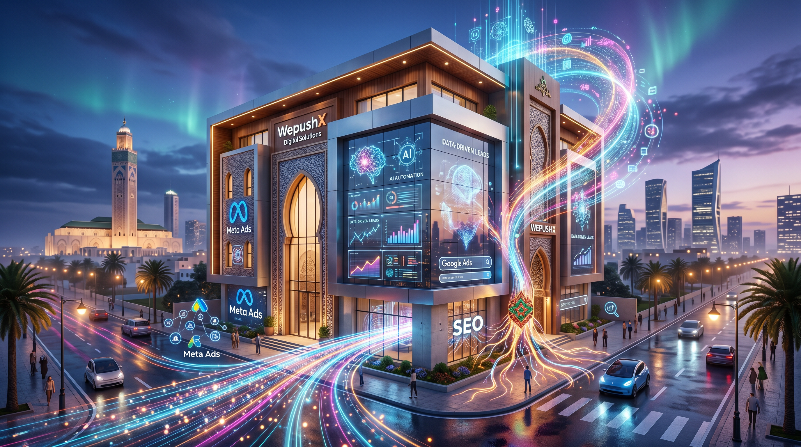 Illustration futuriste montrant l'IA et l'automatisation stimulant l'acquisition client pour une PME marocaine dans un environnement urbain moderne de 2025.