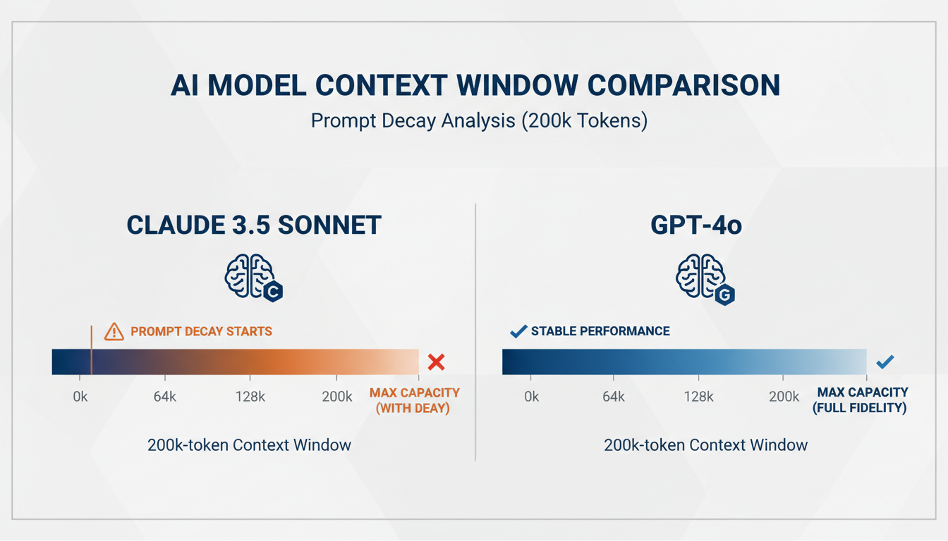 A clean, professional data visualization infographic. The chart compares the 200k-token context windows of Claude 3.5 and GPT-4o. A gradient bar shows Prompt Decay increasing as capacity hits 128k vs 