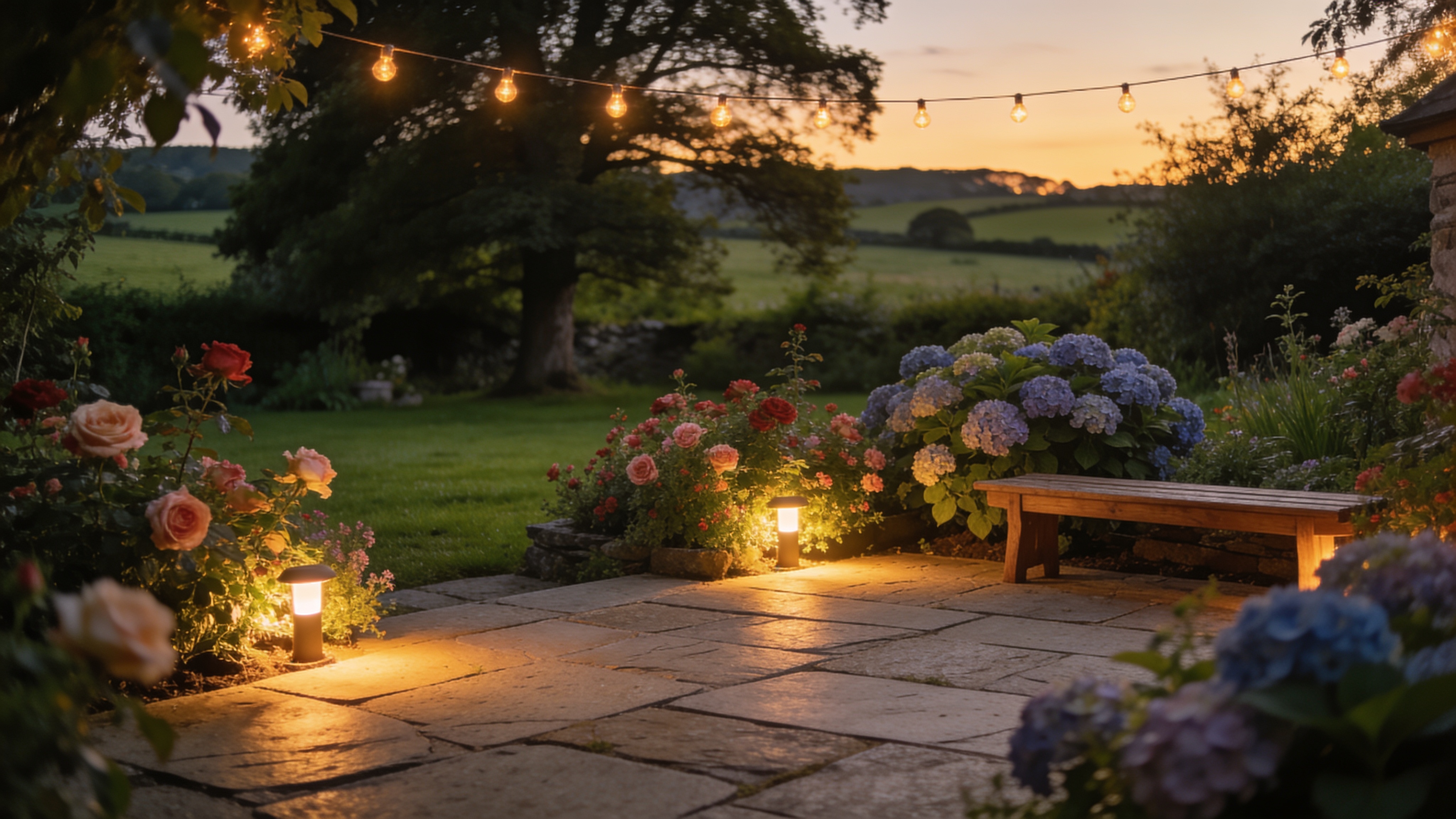 Irish garden with warm LED lighting at dusk