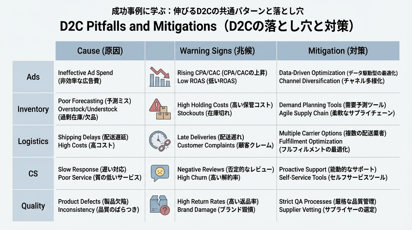 広告依存、在庫・物流、CS・品質などの失敗原因と、兆候、対策を3列で整理したインフォグラフィック表