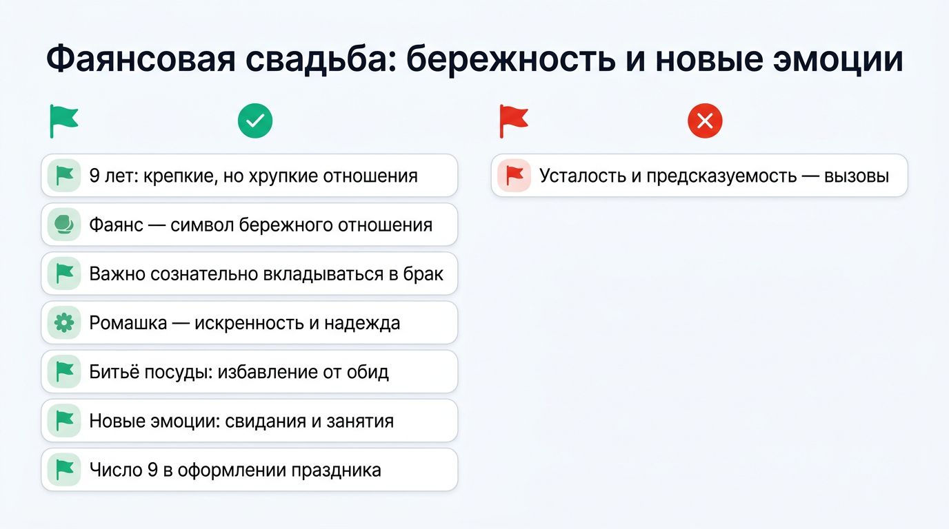 Инфографика о фаянсовой свадьбе, символах бережности и новых эмоций после 9 лет брака.