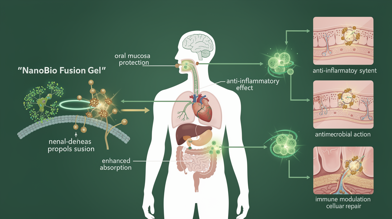 Clinical Applications and Therapeutic Potential of Nano-Bio Fusion Gel in Oral Soft Tissue Therapy: A Critical Narrative Review. mechanism illustration