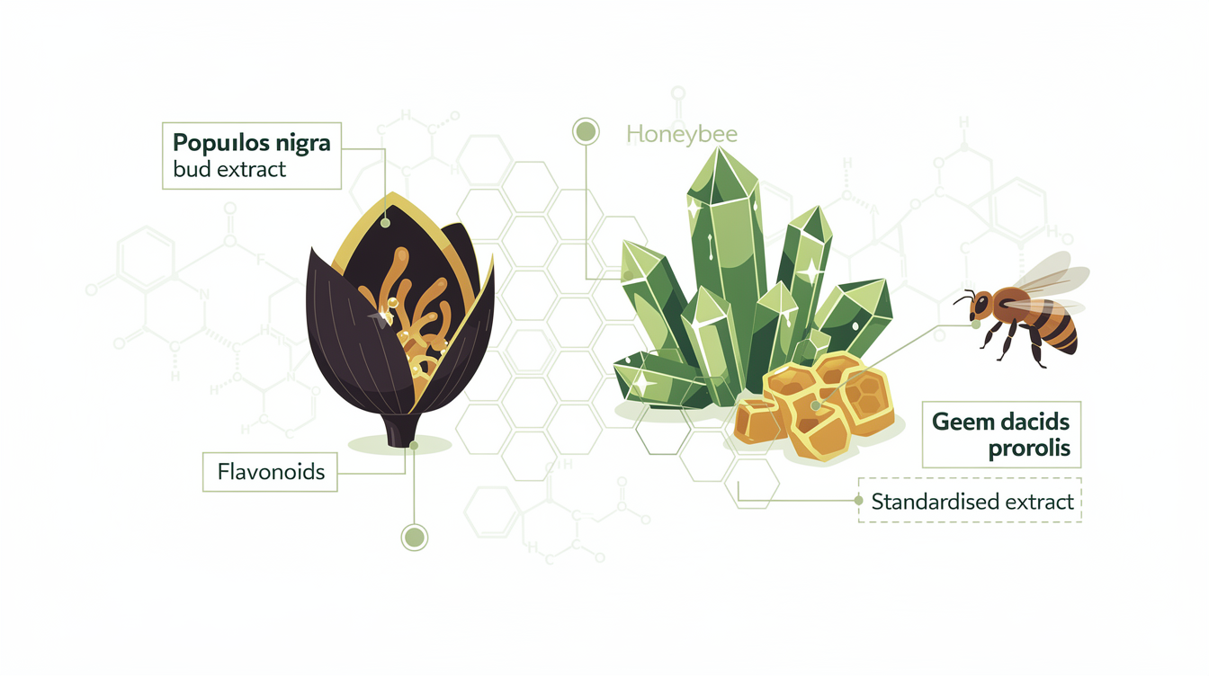 Populus nigra Bud Extract as a Standardized Alternative to Propolis: Evidence of Compositional Similarity-Functional Properties of an Oral Spray Containing Populus nigra Bud Extract. scientific illustration