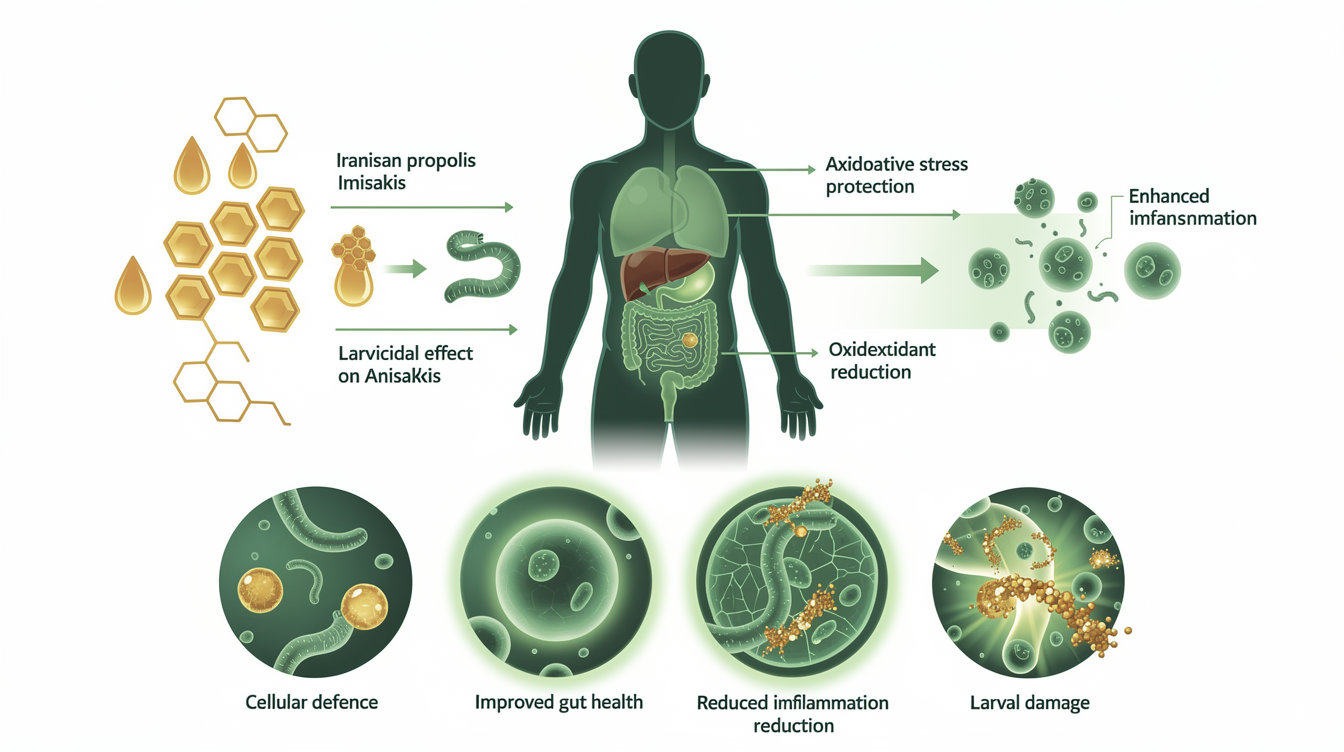 Larvicidal and antioxidant potential of Iranian Propolis against Anisakis simplex L3: A comparative in vitro study with chemical and safety profiling. mechanism illustration