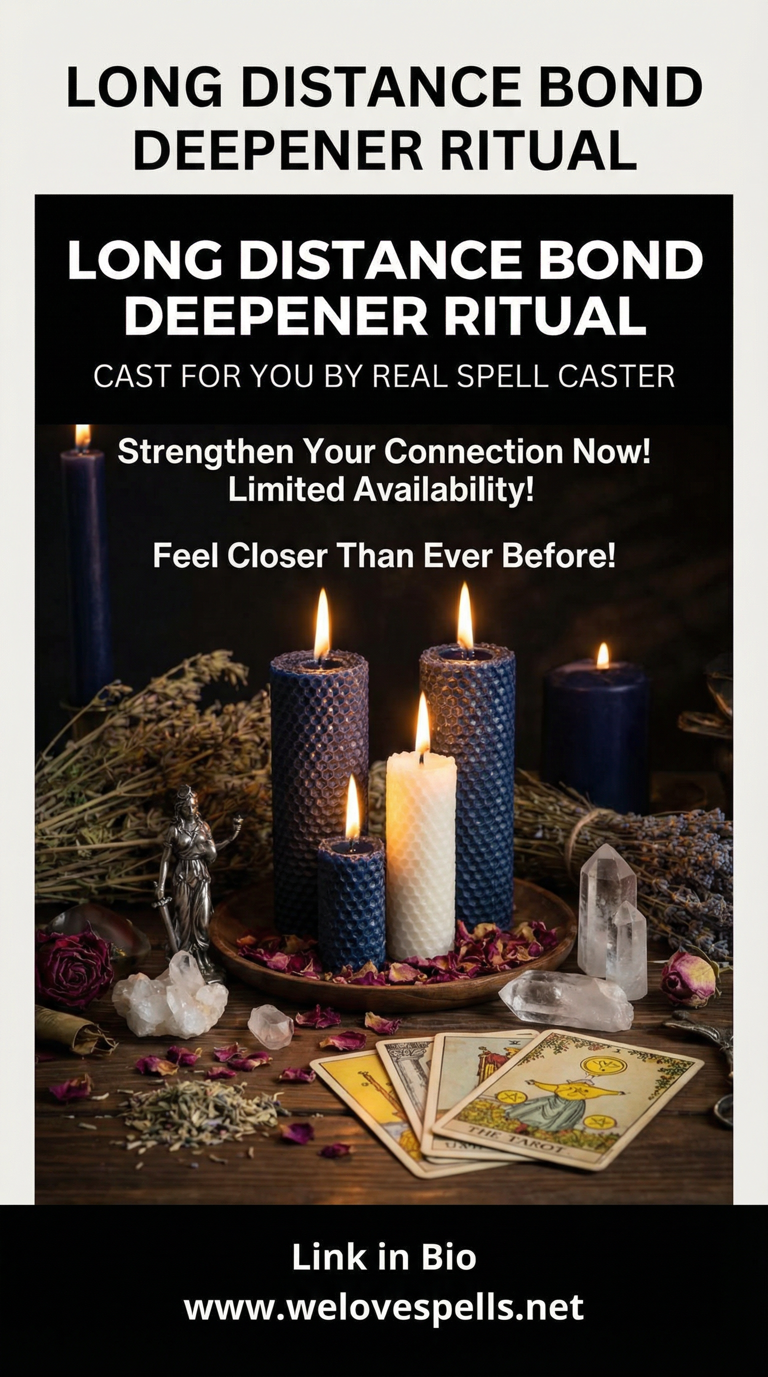 Magical light swirling around connected hearts, symbolizing energy connection between distant lovers