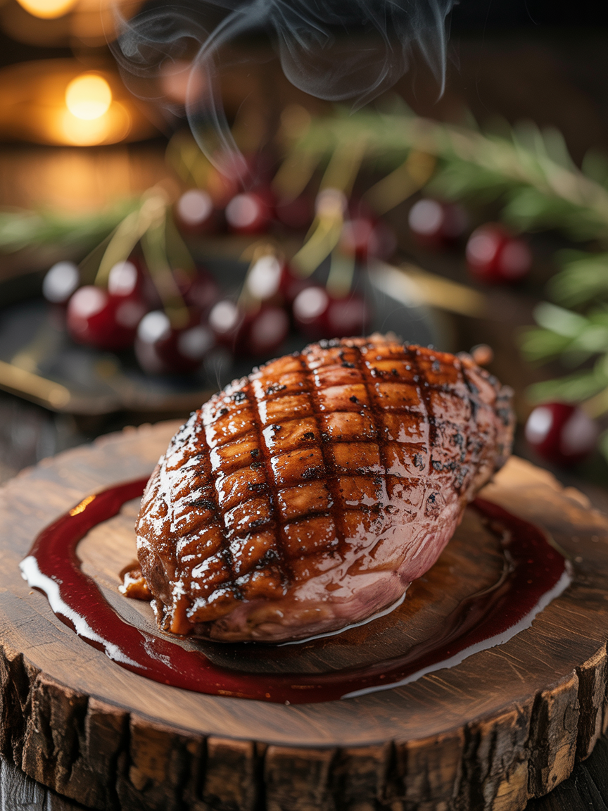 Grilled Duck Breast Recipe with Cherry Sauce - Pitmaster Guide closeup detail