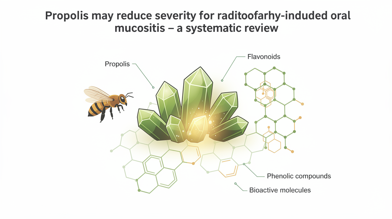 Propolis may reduce severity for radiotherapy-induced oral mucositis: a systematic review. scientific illustration