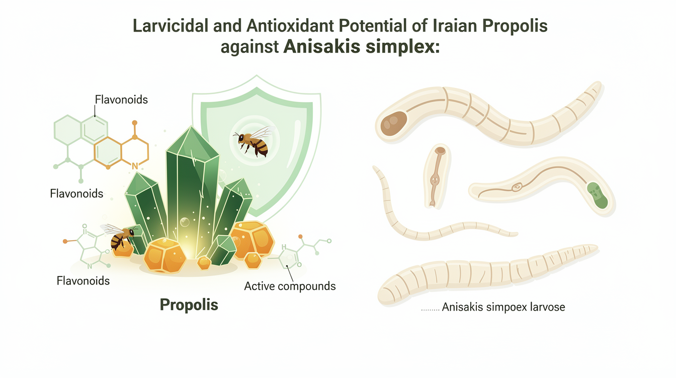 Larvicidal and antioxidant potential of Iranian Propolis against Anisakis simplex L3: A comparative in vitro study with chemical and safety profiling. scientific illustration
