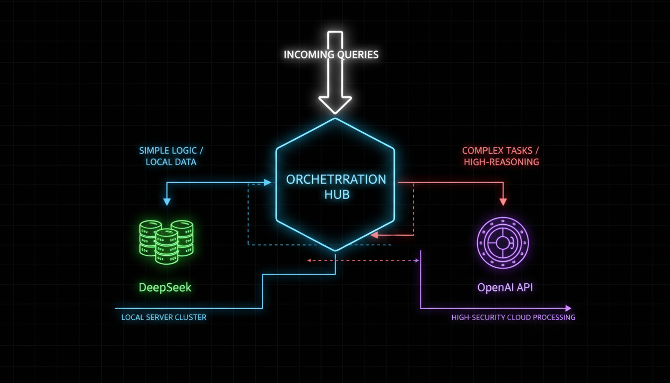 A clean technical flowchart design on a dark background with neon accents. The diagram shows an Orchestration Hub in the center distributing incoming queries. Simple logic paths flow down to a local s